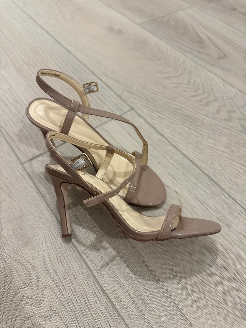 Nude Patent Strappy High Heel Sandals with Ankle Buckle